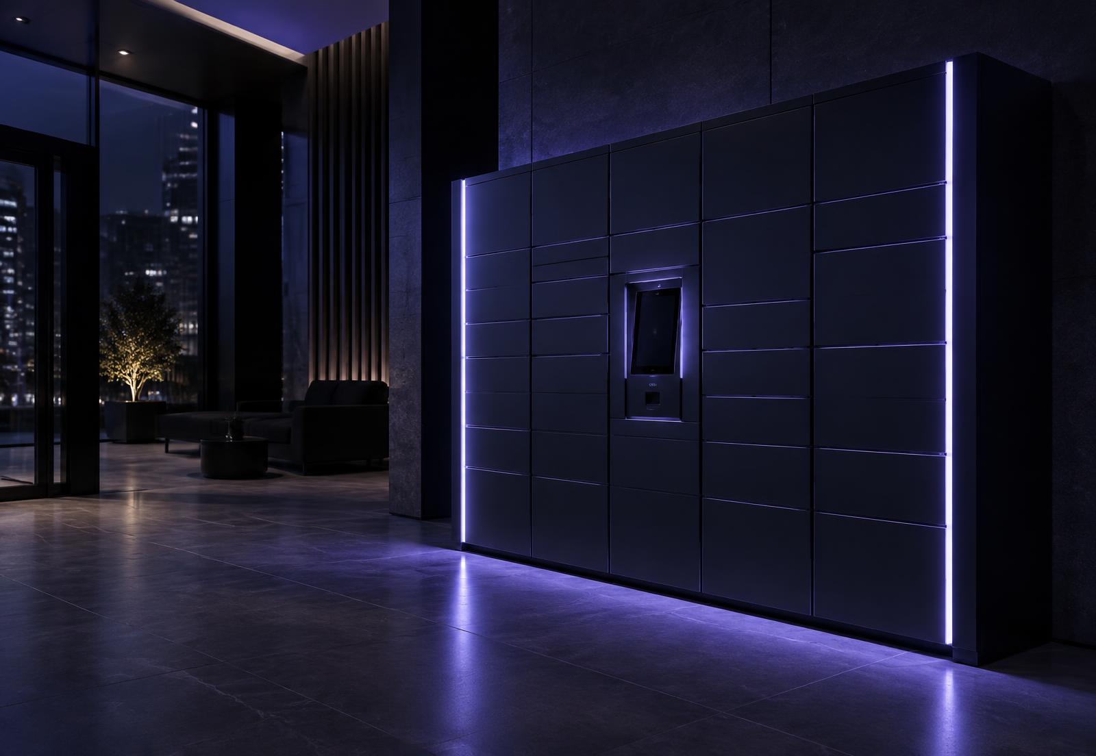 Smart locker bank installed in a modern residential building lobby